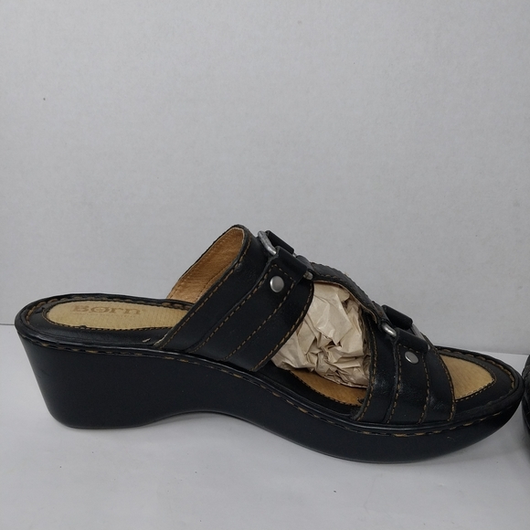 Born Sandals Women's Size 8 Black Leather Wedge Heel Boho Chic Slip on Shoes - Picture 8 of 13